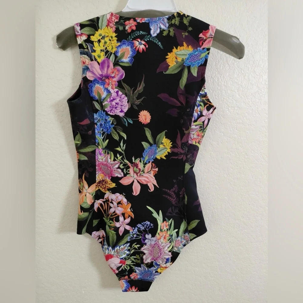 Johnny Was Neon‎ Jungle Sleeveless Neoprene Floral One-Piece Zip-Up Swimsuit Sm
